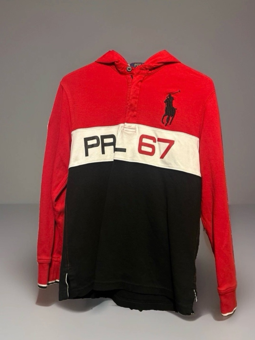 Polo by Ralph Lauren Red Black White Hooded Rugby Shirt - PRL 67